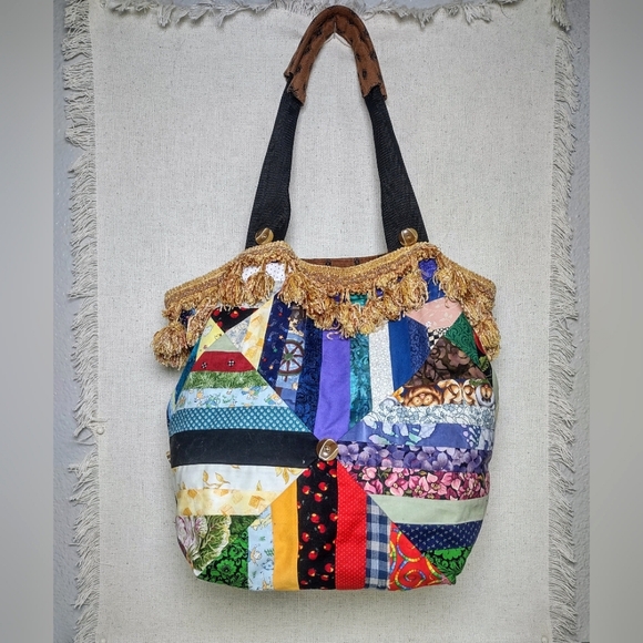 Bag Tote Weekender Shoulder One Of A Kind Patchwork Lined Fringe Tassels - Picture 12 of 12